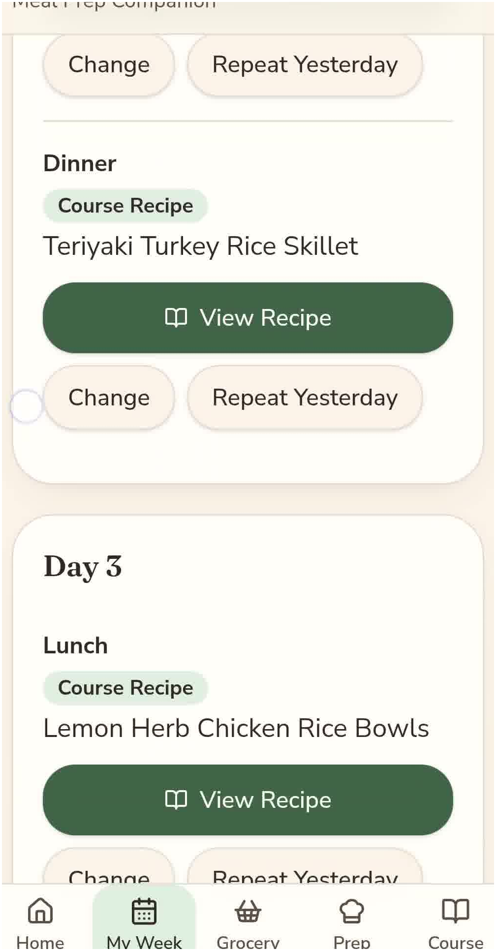 Real Savor Week Companion App — My Week screen