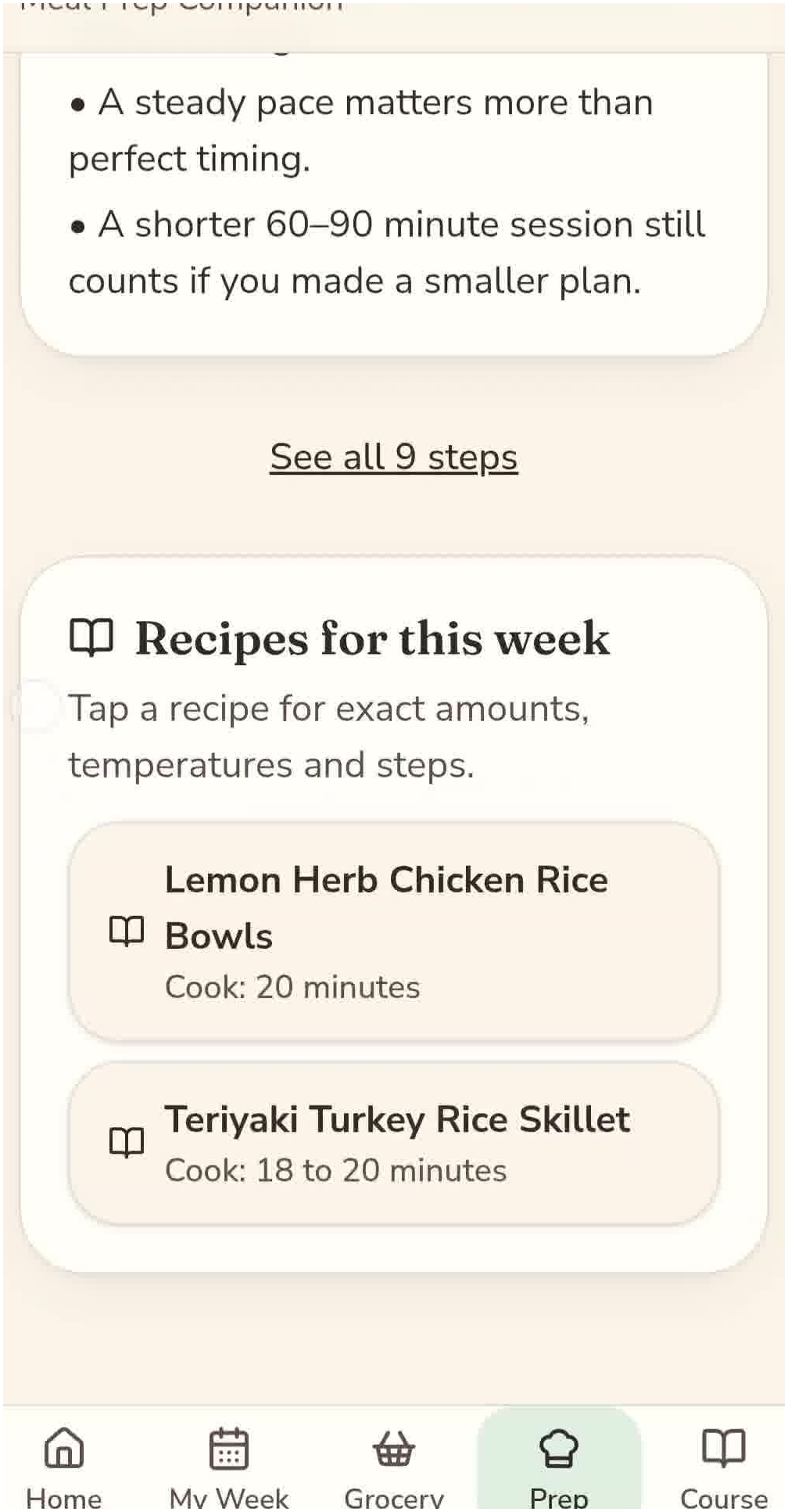 Real Savor Week Companion App — Prep screen