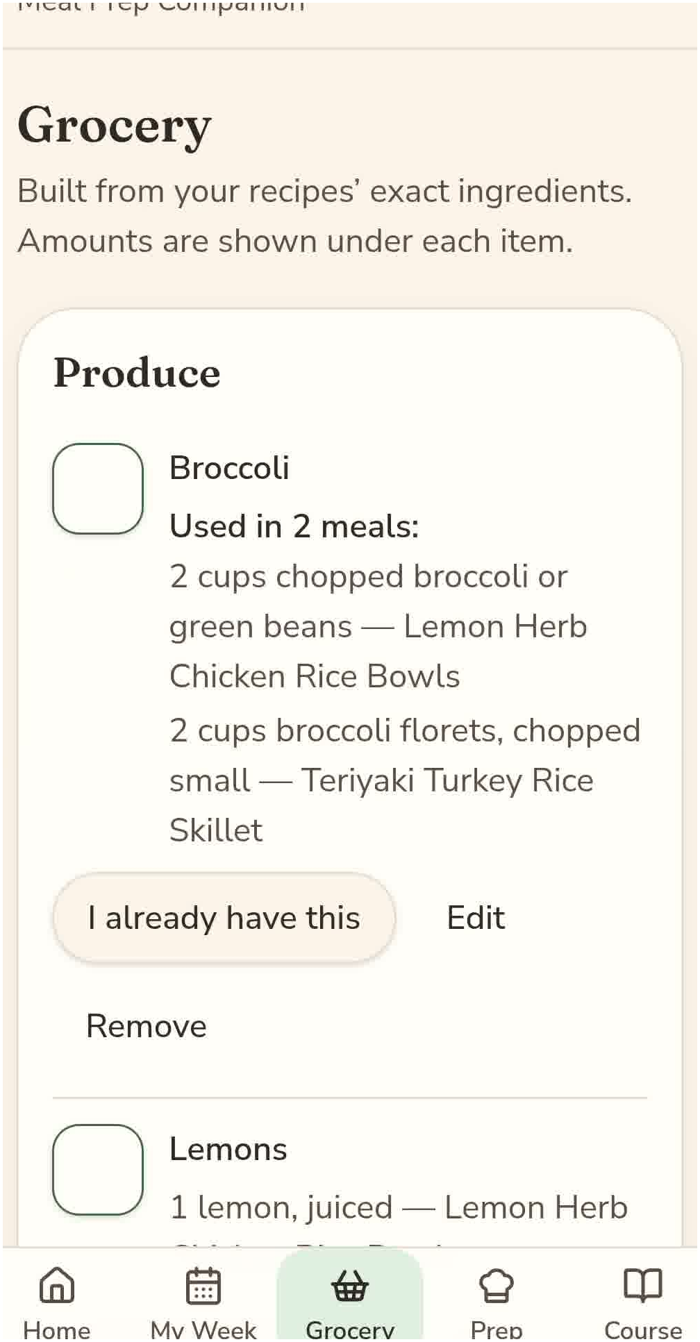 Real Savor Week Companion App — Grocery List screen