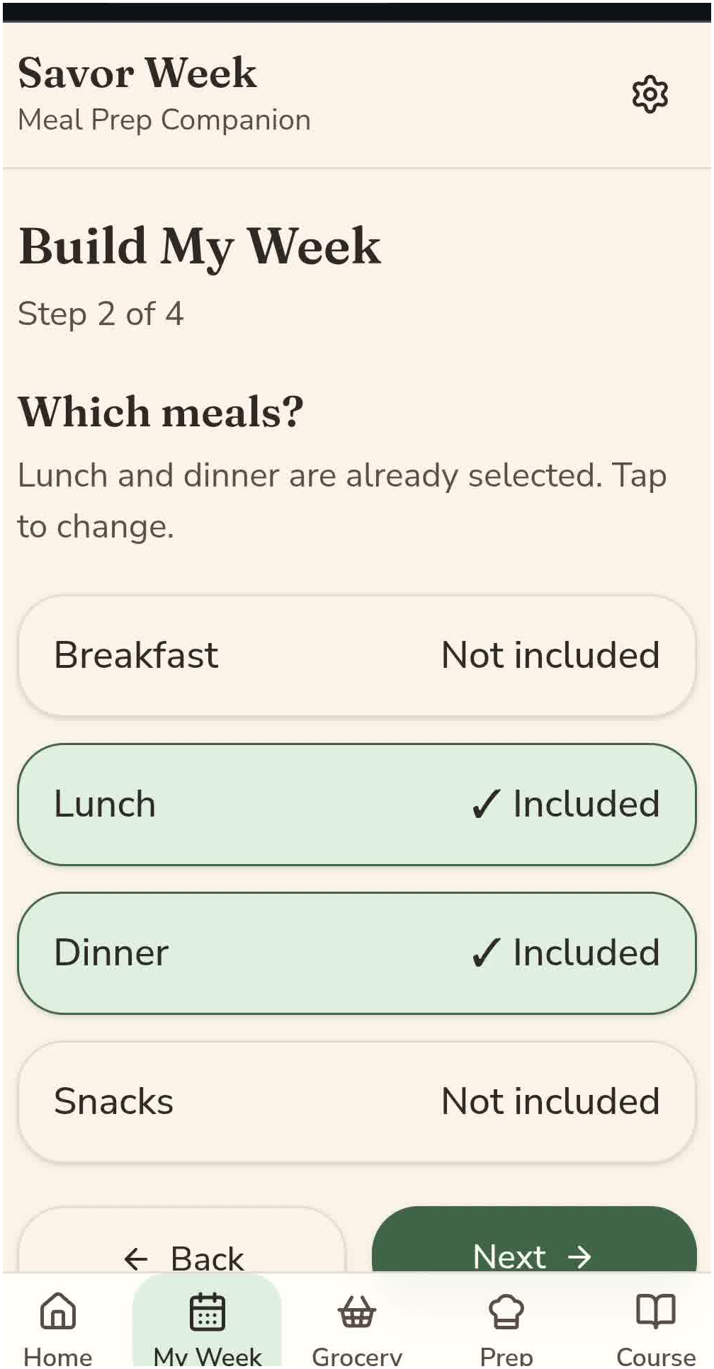Real Savor Week Companion App — Build My Week screen